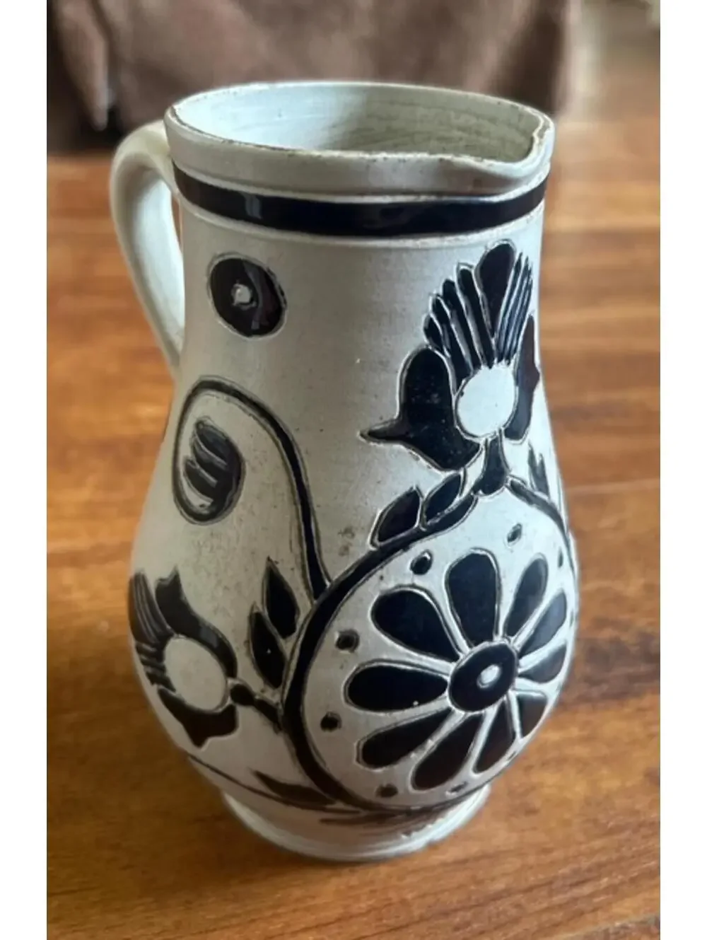 Williamsburg Restoration Vtg Ceramic Pitcher with Black Floral Design